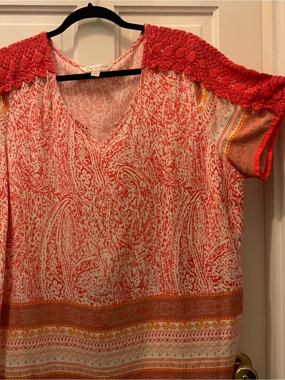 krazy kat Coral and White Paisley Crochet-Trim V-Neck Tunic